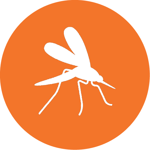 White mosquito silhouette icon on an orange circle background representing professional mosquito control services.